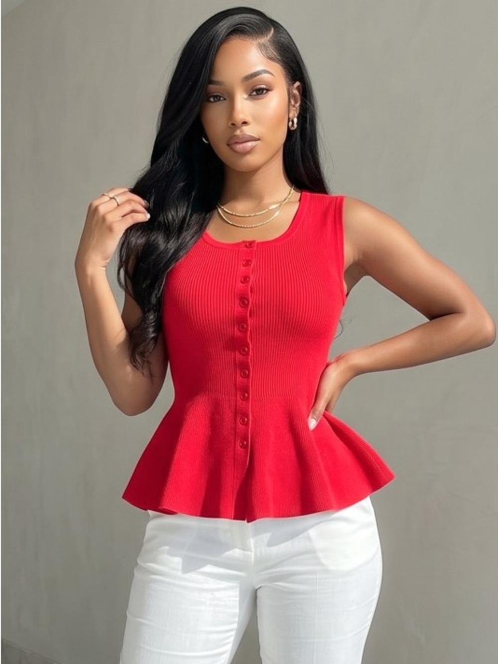 Red Ribbed Button-Front Peplum Tank Top - Women's